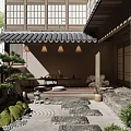Traditional Japanese Garden Landscape With Stone Path Zen Dry Landscape And Wooden Eaves