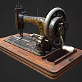 Vintage Sewing Machine Black Body With Gold Patterns Wooden Base Large Wheel And White Handle