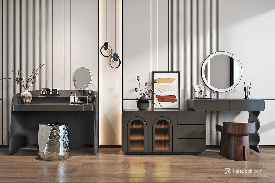 Black Dressing Table With Round Mirror Framed Art Drawers Striped Walls And Hanging Lights 3d model 