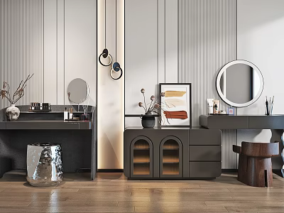 Black Dressing Table With Round Mirror Framed Art Drawers Striped Walls And Hanging Lights 3d model