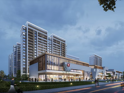 Modern Commercial Street And Surrounding High Rise Buildings At Dusk 3d model