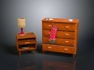 Wooden Dresser And Nightstand With Table Lamp And Christmas Stocking Decor 3d model