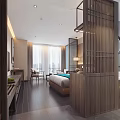 Modern Chinese Style Hotel Room Interior With Blue Wall Wooden Decor Sofa And Large Bed