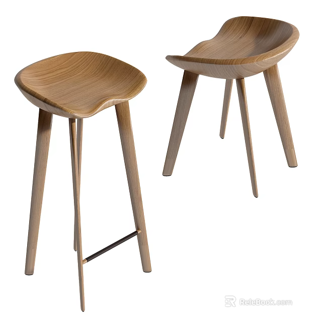 Stylish Wooden Bar Stools With Curved Seat And Slim Legs Design 3d model 