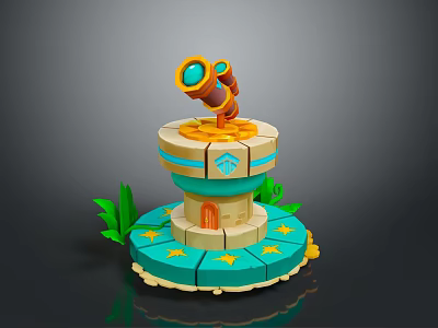 Scenic Landscape With Decorative Tower Binoculars Green Plants Circular Base And Star Patterns 3d model