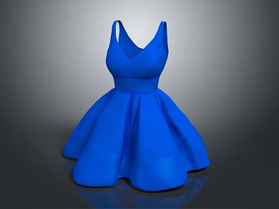 Stylish Blue V Neck Belted Waist Flared Skirt Party Dress 3d model