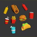 Various Fast Food Selection With Burger Hotdog Fries Taco Drinks And Condiments