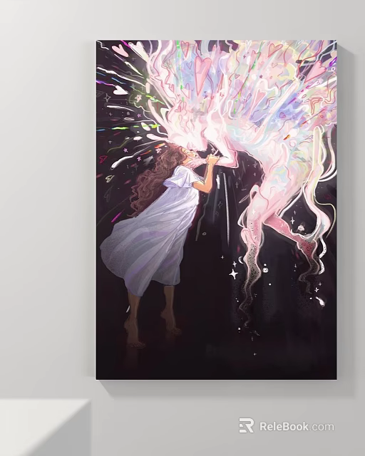 Abstract Painting Featuring Girl Embracing Luminous Creature with Flowing Color Splashes and Dreamy Atmosphere 3d model 