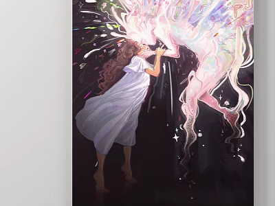 Abstract Painting Featuring Girl Embracing Luminous Creature with Flowing Color Splashes and Dreamy Atmosphere 3d model