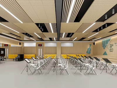 Book Art Themed Classroom Interior With Chairs And Lighting 3d model