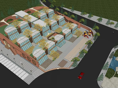 Modern Building Complex With Glass Roofs Landscaped Areas And Roads 3d model