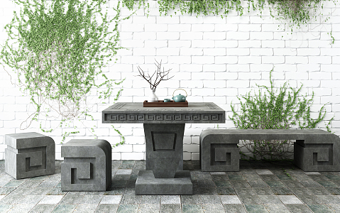 New Chinese Style Outdoor Table and Chair Stone Table and Bench 3d model