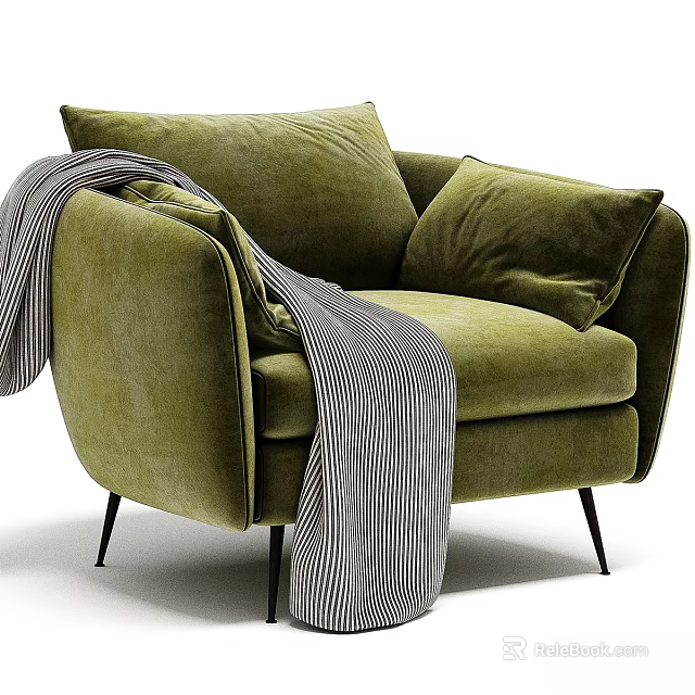 Green Velvet Accent Chair With Gray And White Striped Throw Blanket And Pillows 3d model 