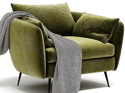 Green Velvet Accent Chair With Gray And White Striped Throw Blanket And Pillows 3d model