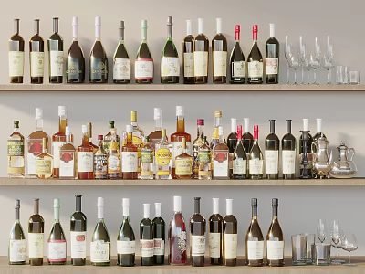 Various Wine Bottles and Glasses Neatly Arranged on Multiple Display Shelves 3d model