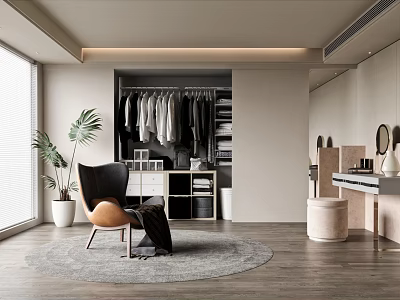Modern Walk-in Closet with Hanging Clothes Dressing Table Armchair and Round Rug 3d model