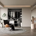 Modern Walk-in Closet with Hanging Clothes Dressing Table Armchair and Round Rug