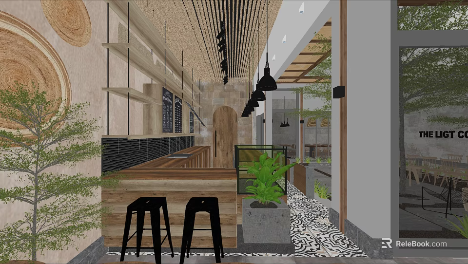 Modern Café Interior with Wooden Counter Black Bar Stools Green Plants Pendant Lights Patterned Floor 3d model 