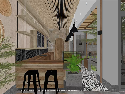 Modern Café Interior with Wooden Counter Black Bar Stools Green Plants Pendant Lights Patterned Floor 3d model