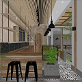 Modern Café Interior with Wooden Counter Black Bar Stools Green Plants Pendant Lights Patterned Floor