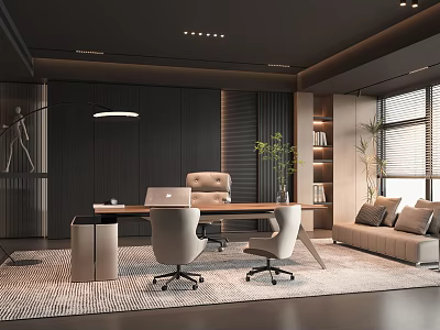 Modern Office Interior Design With Wooden Desk Laptop Office Chairs Sofa Green Plants And Windows 3d model