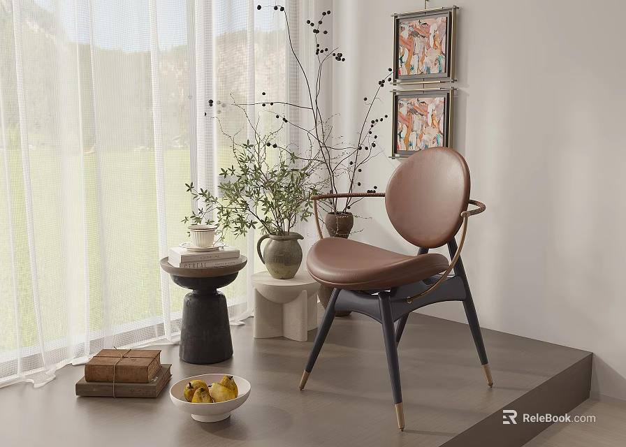 Modern Dining Chair By Window With White Curtains Green View Decorative Plant And Wall Art 3d model 