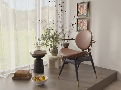 Modern Dining Chair By Window With White Curtains Green View Decorative Plant And Wall Art 3d model