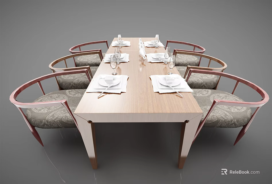 Modern Wooden Dining Table Set With Curved Armchairs Upholstered Seats And Neatly Arranged Tableware 3d model 
