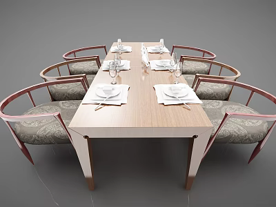 Modern Wooden Dining Table Set With Curved Armchairs Upholstered Seats And Neatly Arranged Tableware 3d model