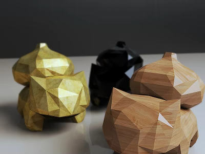 Geometric Cat Shaped Dolls with Golden Black and Wooden Textured Designs on Modern Table 3d model