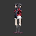 Anime Character 3D Model Front Back View Red Coat White Skirt Long Hair Gray Socks