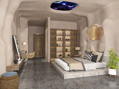 Rustic Cave Style Hotel Guest Room With Starry Ceiling Platform Bed And Rattan Decor 3d model