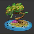 Vibrant Cartoon Scene With Unique Red Orange Tree Yellow Leaves Green Grass And Blue Water