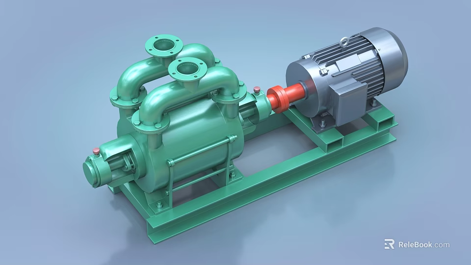 Industrial Equipment Featuring Green Pump Body Gray Motor Red Connector Pipe Connections And Base Frame 3d model 