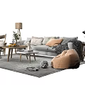 Modern Gray Sofa Coffee Table Combination With Throw Pillows Bean Bag Chair Wooden Side Table 3d model