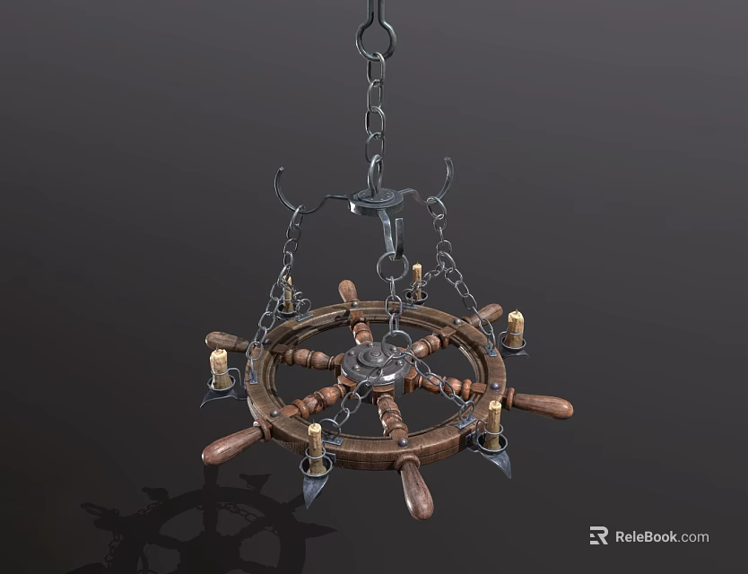 Rustic Wooden Wheel Chandelier With Metal Chain And Candle Light Design 3d model 