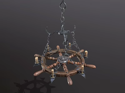 Rustic Wooden Wheel Chandelier With Metal Chain And Candle Light Design 3d model
