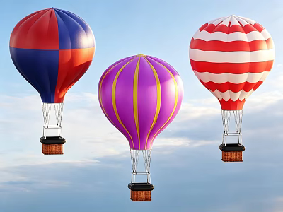 Colorful Patterned Hot Air Balloons With Red Blue Purple Yellow And Red White Designs Flying In Sky 3d model