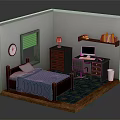 Cozy Bedroom Interior Design With Blue Bedspread Wooden Nightstand Table Lamp Computer Desk And Bookshelf