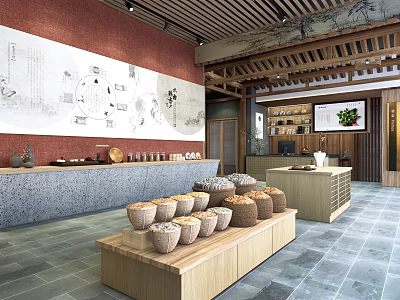 Specialty Tea Store Interior With Red Wall Wooden Ceiling Ink Painting And Bamboo Display Baskets 3d model