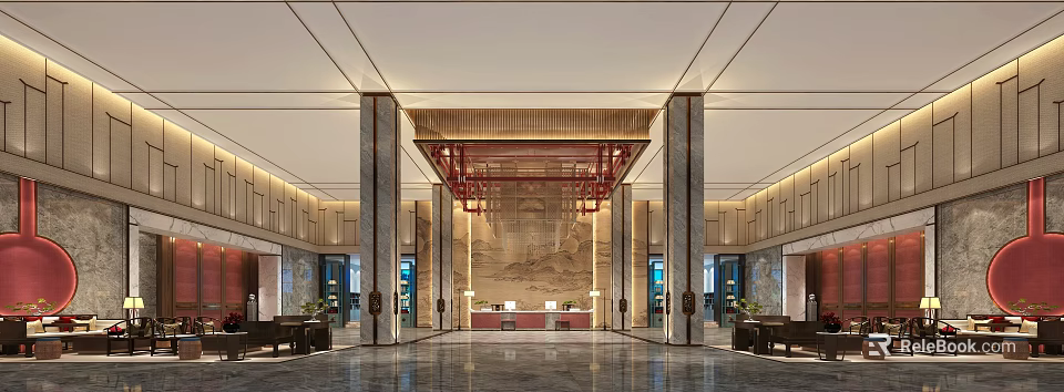 Luxurious Hotel Lobby Interior With Chinese Style Landscape Wall And Red Decorative Ceiling 3d model 