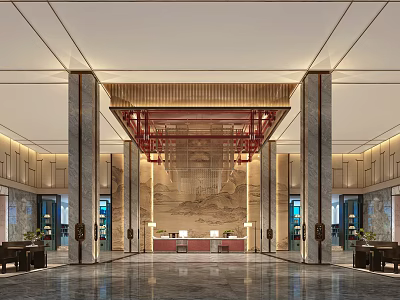 Luxurious Hotel Lobby Interior With Chinese Style Landscape Wall And Red Decorative Ceiling 3d model