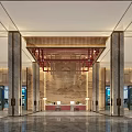 Luxurious Hotel Lobby Interior With Chinese Style Landscape Wall And Red Decorative Ceiling