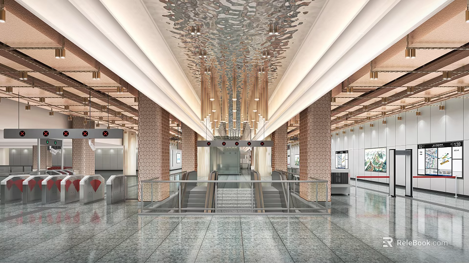 Modern Station Interior With Spacious Hall Metallic Structures And Polished Floors 3d model 