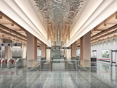 Modern Station Interior With Spacious Hall Metallic Structures And Polished Floors 3d model