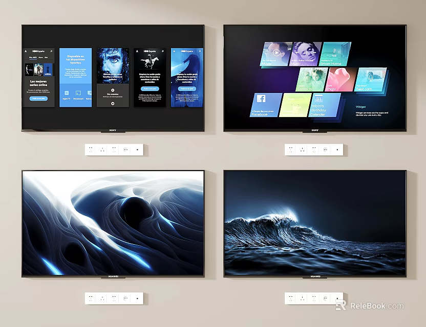 Smart TV Display Showing Multiple Apps Windows Abstract And Ocean Wave Wallpapers 3d model 