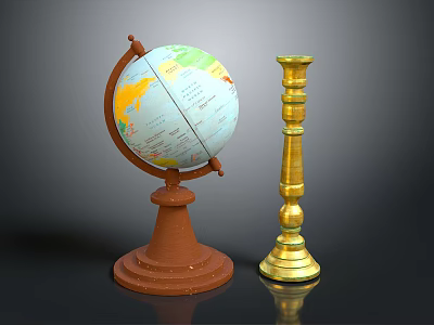 Vintage Globe With Brown Base And World Map Next To Golden Ornate Candle Holder 3d model