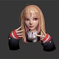 Anime Character Blonde Hair Green Eyes Making Hand Gesture With Striped Sleeves On Dark Background