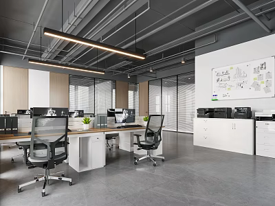 Modern Public Office Space With Open Layout Desks Ergonomic Chairs Computers Whiteboard And Pendant Lights 3d model