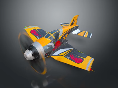 Vibrant Toy Airplane With Yellow Black Body Red Patterned Wings And Spinning Propeller 3d model